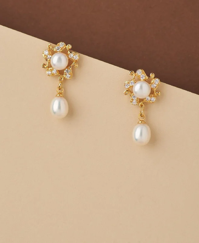 women gemstone drop earrings -Floral Stone Studded Pearl Earring