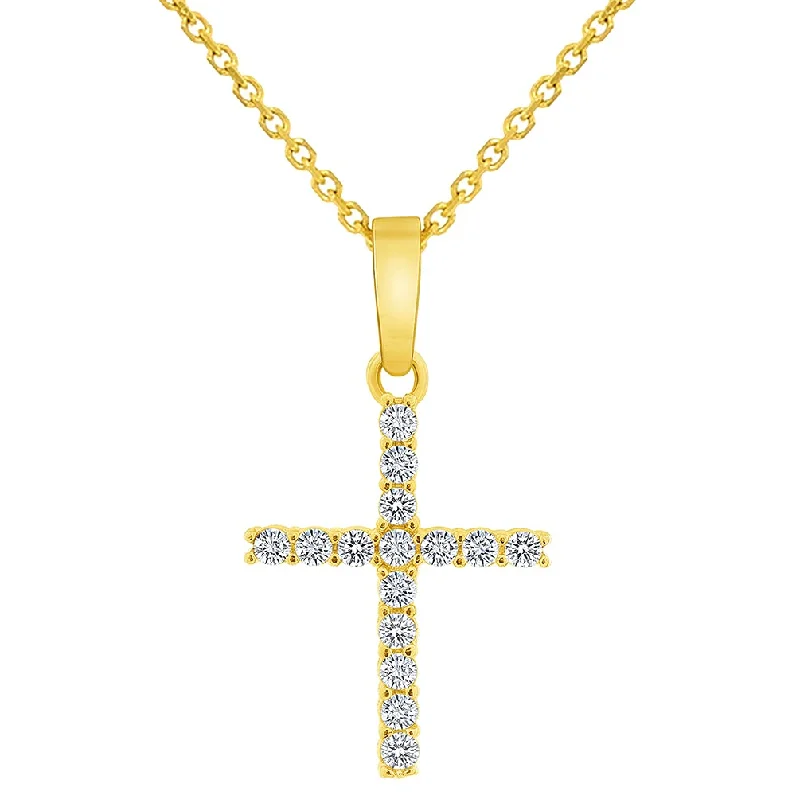 women long chain necklaces -Solid 14k Yellow Gold Cubic-Zirconia Mini Religious Cross Charm Pendant with Rolo Cable, Cuban Curb, or Figaro Chain Necklaces