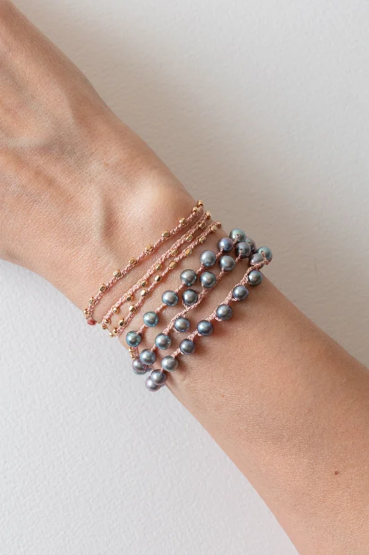 Beaded Wrap Bracelet | Grey Pearls on Pink Silk