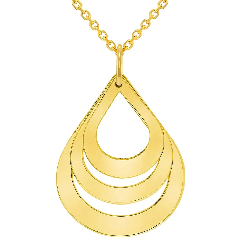 women wedding necklaces -Solid 14k Yellow Gold Engravable Three Teardrop Name Drop Shaped Personalized Pendant with Rolo Cable, Curb Cuban, or Figaro Chain Necklace