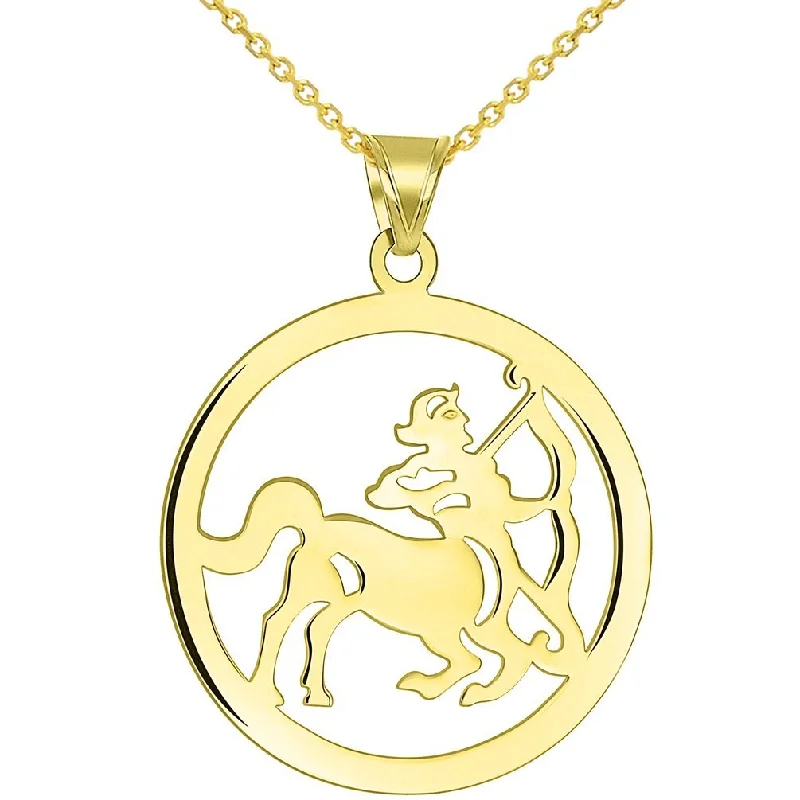 women drop necklaces -Solid 14k Yellow Gold Round Sagittarius Zodiac Sign Cut-Out Disc Pendant Necklace