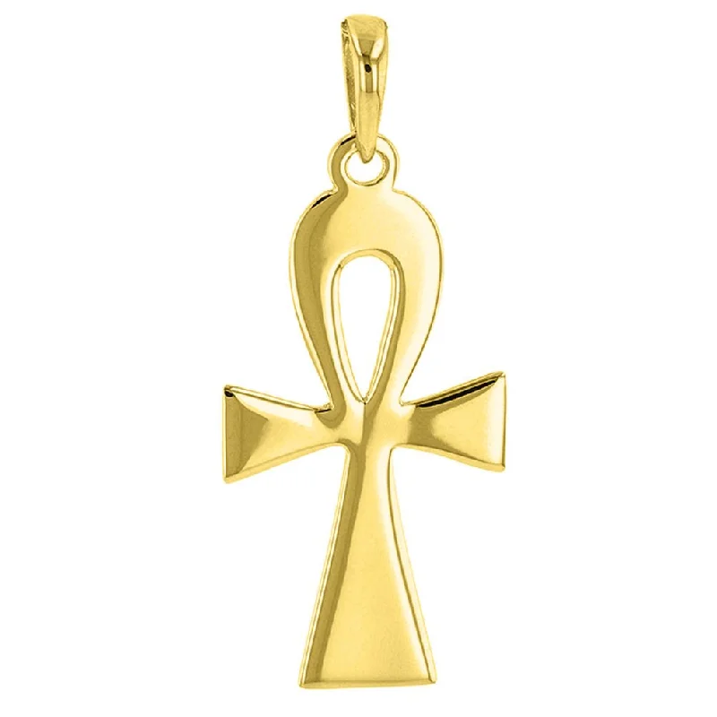 women long gold necklaces -Solid 14K Yellow Gold Egyptian Ankh Cross Pendant with High Polish