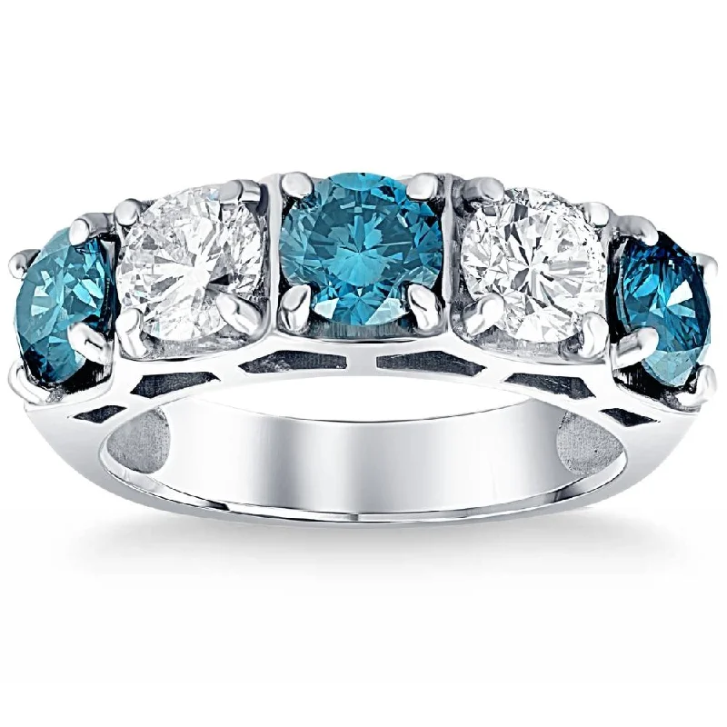 wedding rings and engagement rings sets -3 1/4Ct Blue Diamond Wedding Ring White Gold Lab Grown Anniversary 5-Stone Band