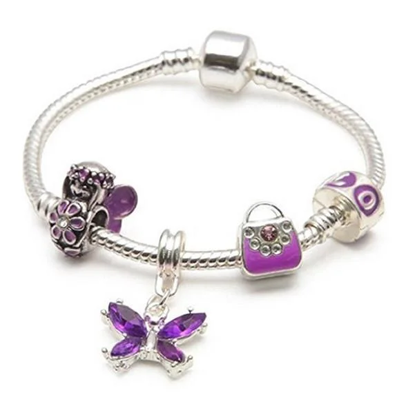 Purple Fairy And Butterflies Silver Plated Charm Bracelet For Girls