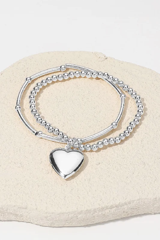 SECRET BOX Silver Heart Charm Double Stretch Bracelet