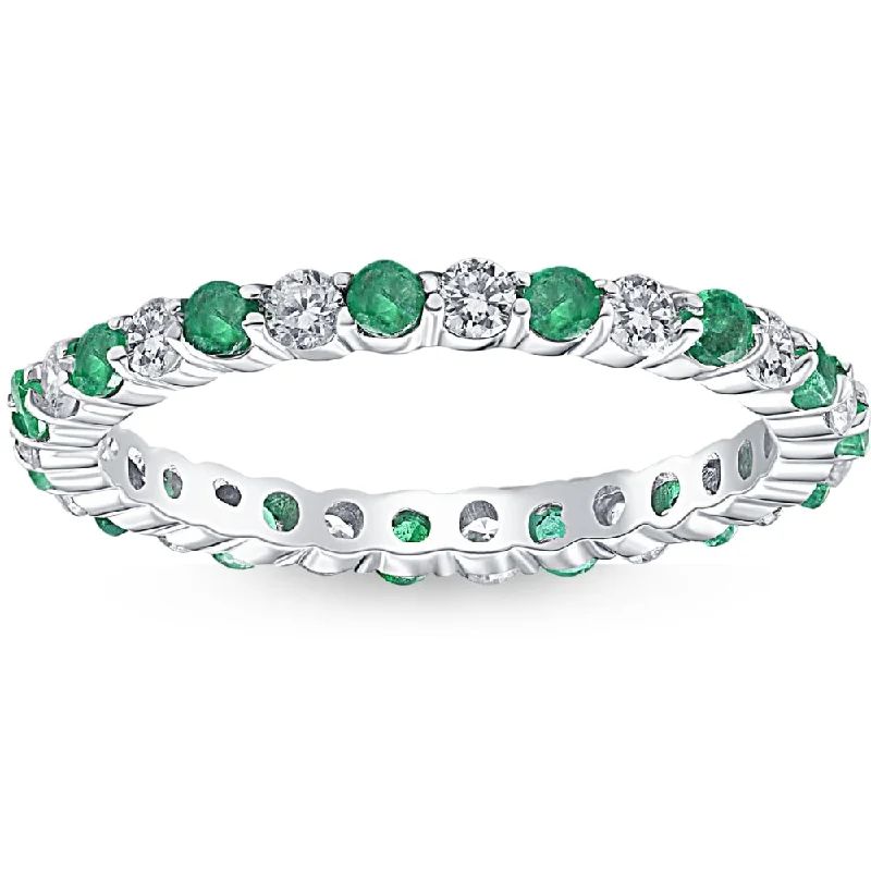 cushion cut engagement rings -1 cttw Emerald & Diamond Wedding Eternity Stackable Ring 10k White Gold