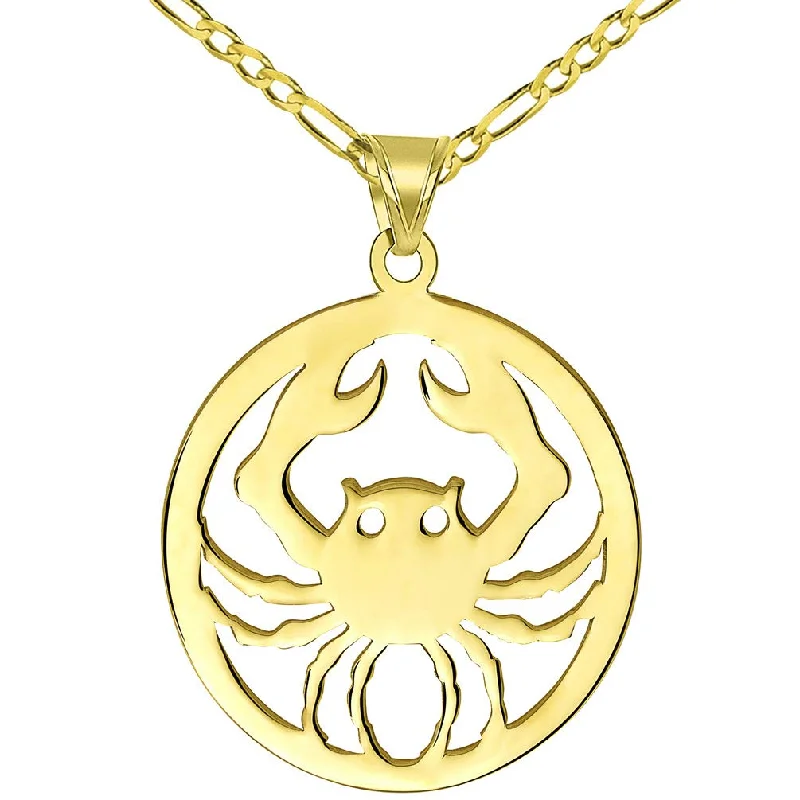 women statement silver necklaces -Solid 14k Yellow Gold Round Cancer Zodiac Sign Crab Disc Pendant with Figaro Chain Necklace