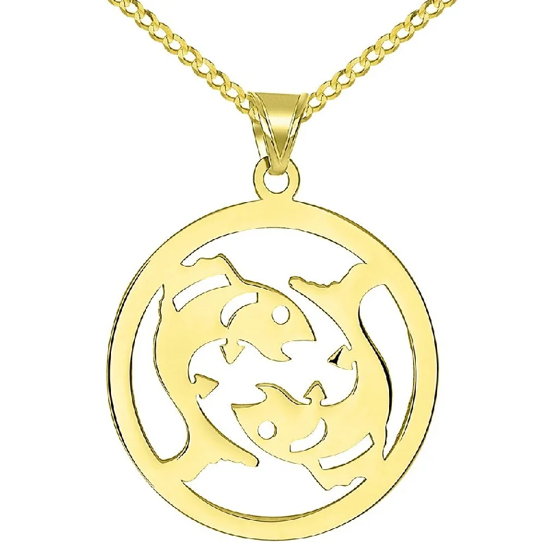 women custom engraved necklaces -Solid 14k Yellow Gold Round Pisces Zodiac Symbol Cut-Out Fish Pendant with Cuban Chain Necklace