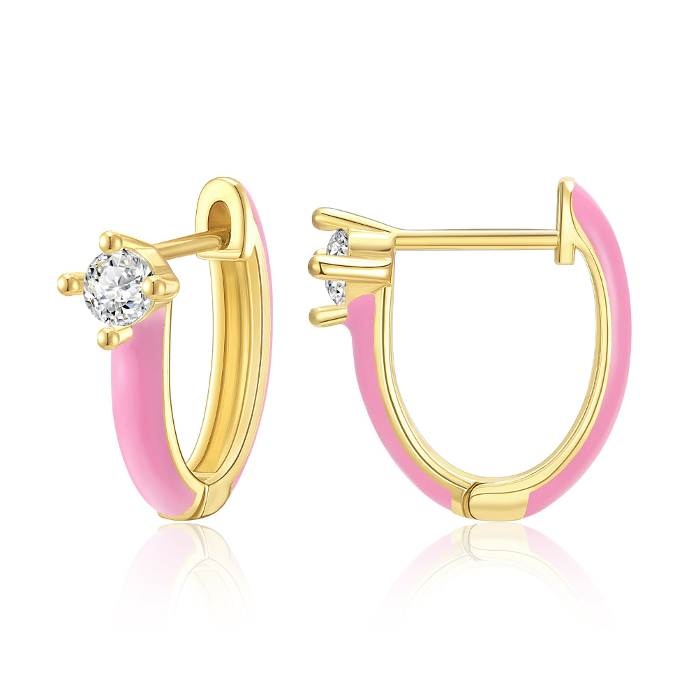 women engraved earrings -Gold Huggie Enamel Earrings Colorful Small Hoop Cuff Earrings-Pink