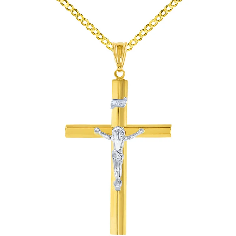 women custom engraved necklaces -14K Yellow Gold & White Gold Tube Crucifix Six Sided Cross Pendant Necklace