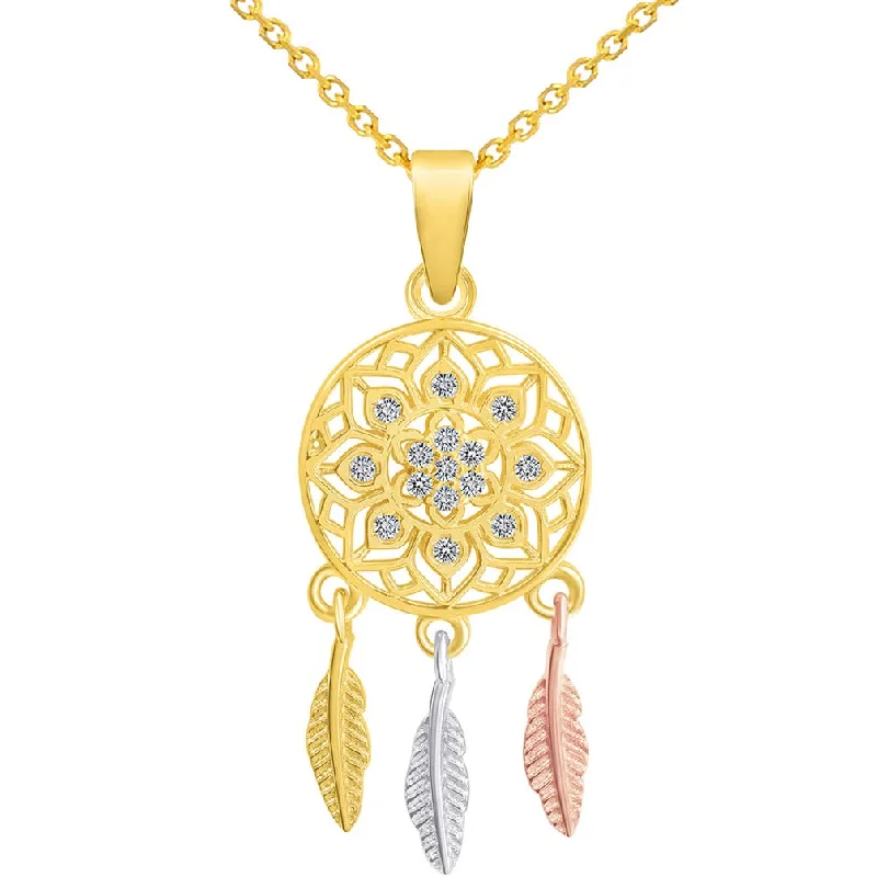 women heart-shaped pendant necklaces -14k Yellow Gold  Native American Tri-Tone Dreamcatcher Pendant Necklace