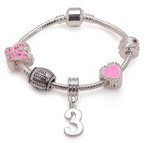 Children's Pink 'Happy 3rd Birthday' Silver Plated Charm Bead Bracelet