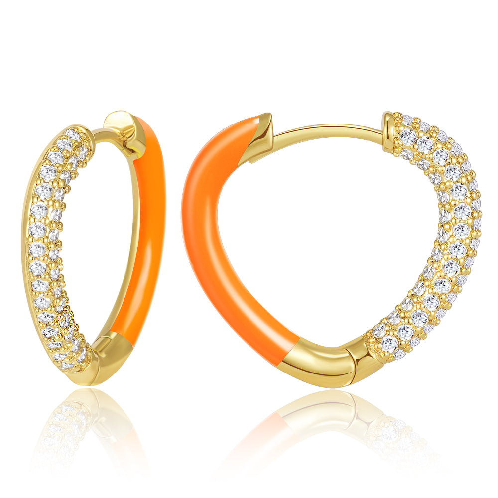 women luxury earrings -Orange Enamel Heart Huggie Hoop Earrings