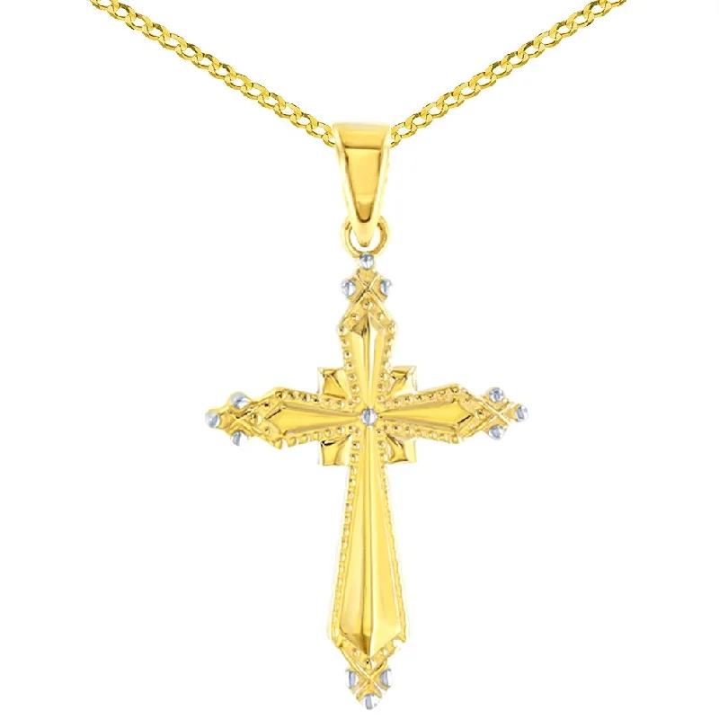 women jade necklaces -High Polish 14K Yellow Gold Milgrain Cross Pendant Cuban Chain Necklace