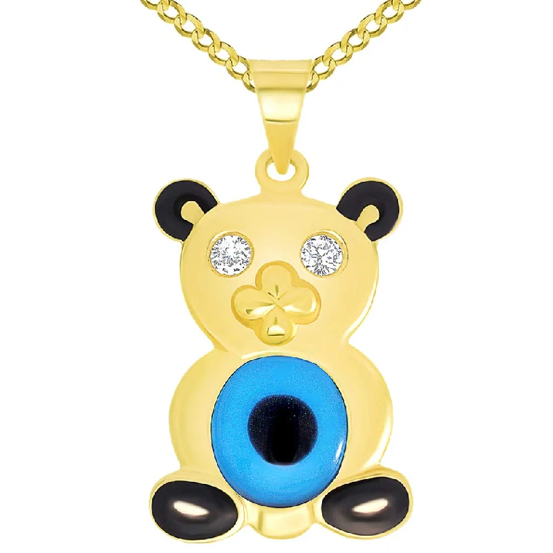 women birthstone necklaces -14k Yellow Gold Cubic Zirconia Teddy Bear with Blue Evil Eye Pendant Curb Chain Necklace