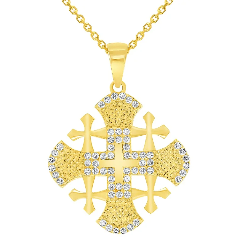 women heart pendant necklaces -14k Yellow Gold Elegant Cubic-Zirconia Religious Crusaders Jerusalem Cross Pendant with Rolo Cable, Cuban Curb, or Figaro Chain Necklaces