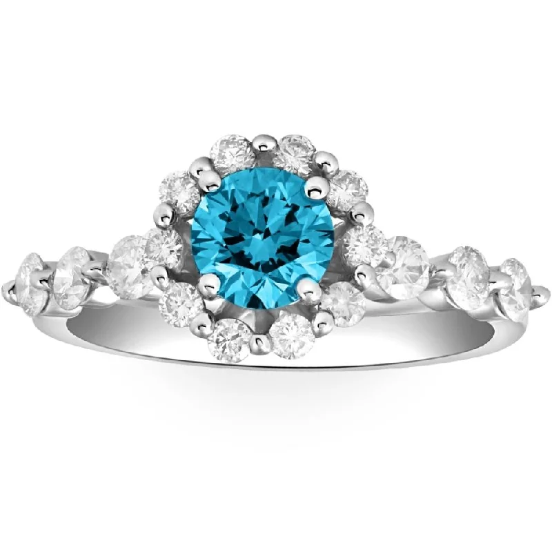 moissanite engagement rings -1 1/2Ct Blue & White Diamond Halo Engagement Ring in 10k White Gold