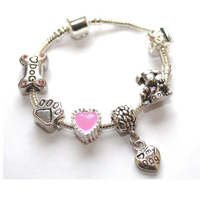 Children's 'Love My Dog' Silver Plated Charm Bead Bracelet