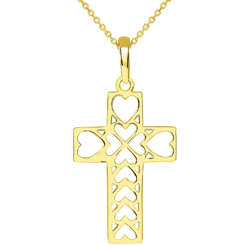 women silver necklaces -14k Yellow Gold Open Heart Christian Cross Pendant Necklace