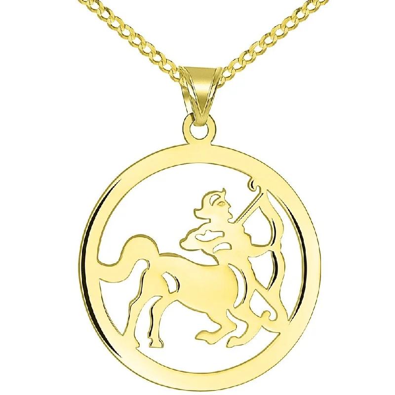 women fashion necklaces -Solid 14k Yellow Gold Round Sagittarius Zodiac Sign Cut-Out Disc Pendant with Cuban Chain Necklace