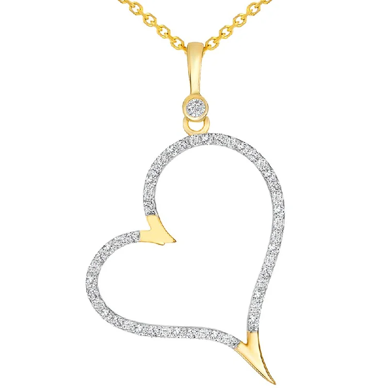 women long gold necklaces -14k Yellow Gold Elegant Cubic Zirconia Open Heart Pendant Necklace Available with Cable, Curb, or Figaro Chain