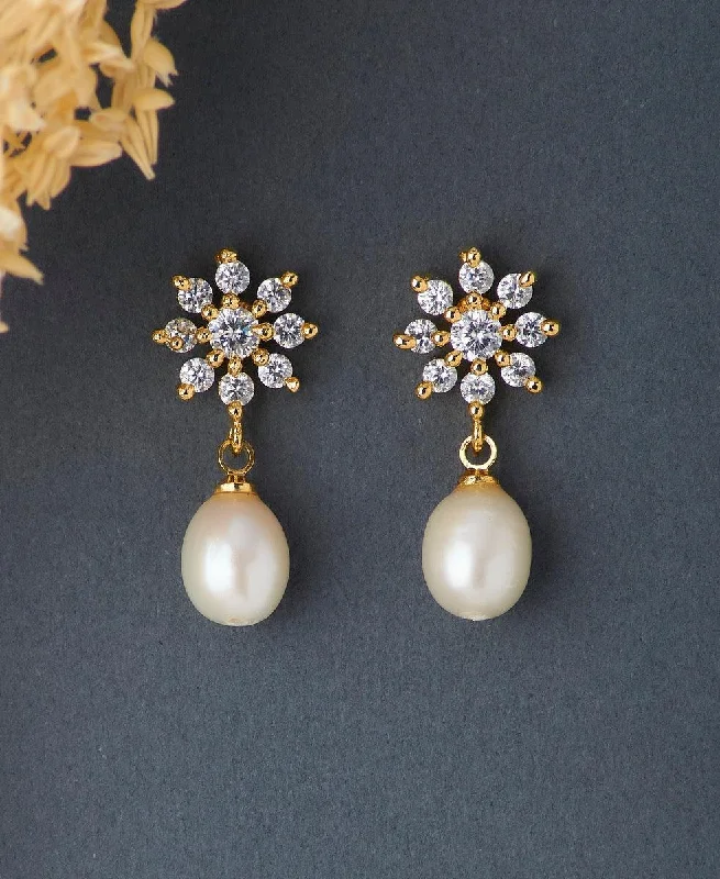 women oversized stud earrings -Floral Stone Studded Pearl Earring