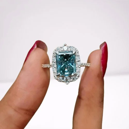 black diamond engagement rings -Gorgeous Halo Radiant Cut Cyan Blue Engagement Ring