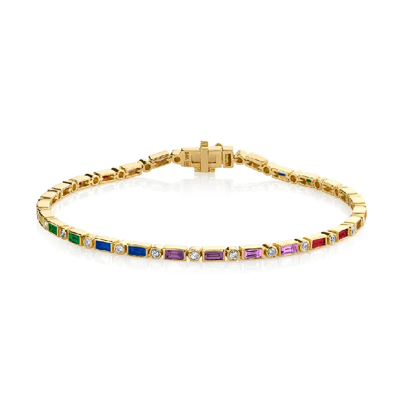 Gold & Rainbow Baguette and Round Bezel Eternity Bracelet