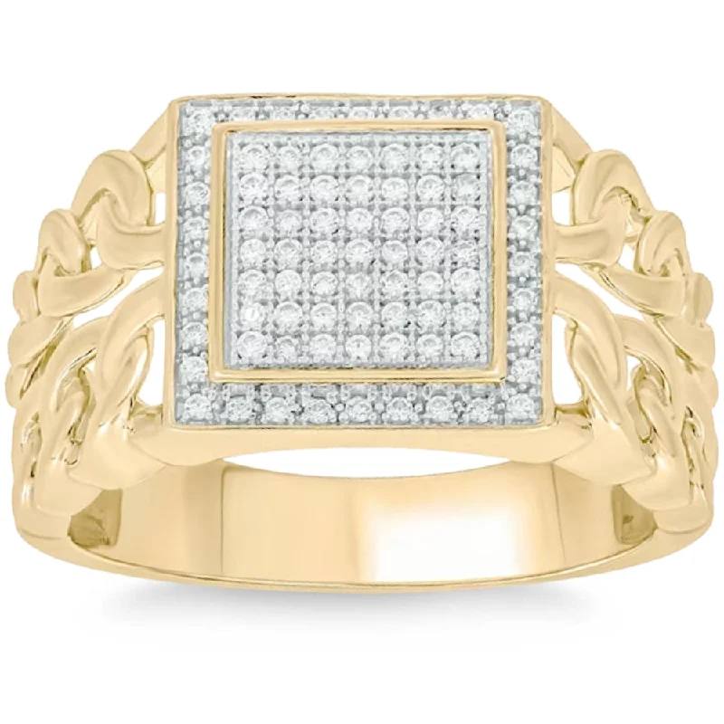 classic solitaire engagement rings -1/3Ct TW Diamond Men's Chain Cuban Link Ring 10k Yellow Gold 9mm Wide