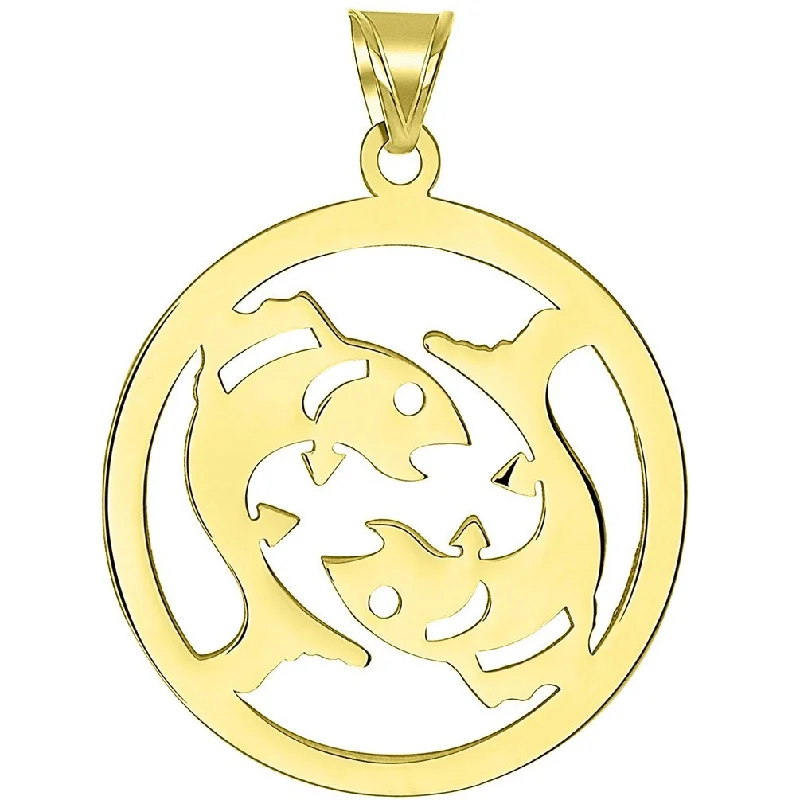 women vintage necklaces -Solid 14k Yellow Gold Round Pisces Zodiac Symbol Cut-Out Fish Pendant