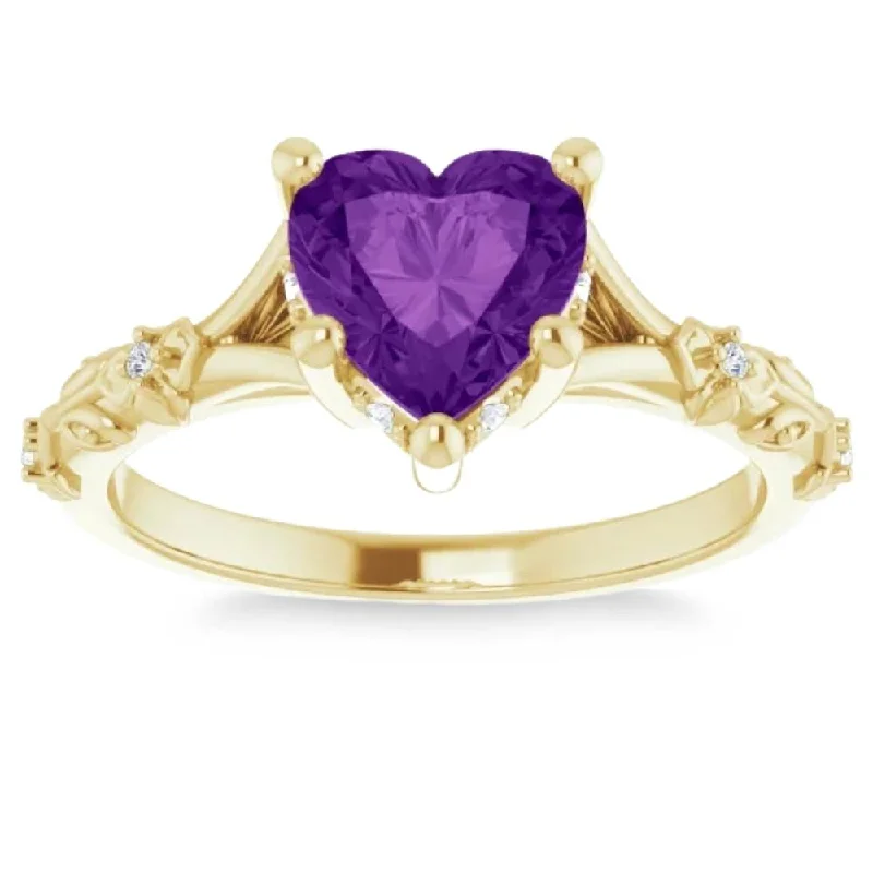 diamond wedding engagement rings -7mm Amethyst Vintage Diamond Heart Shape Leaf Ring in 14k White or Yellow Gold