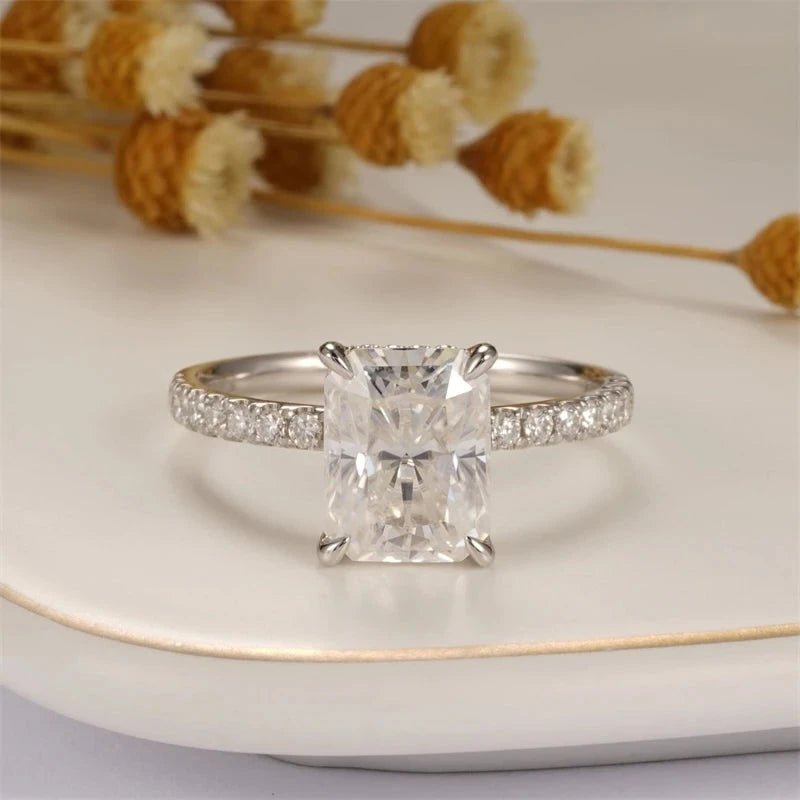 elegant engagement rings -18k White Gold Radiant Cut 3.0 Ct Diamond Hidden Halo Engagement Ring