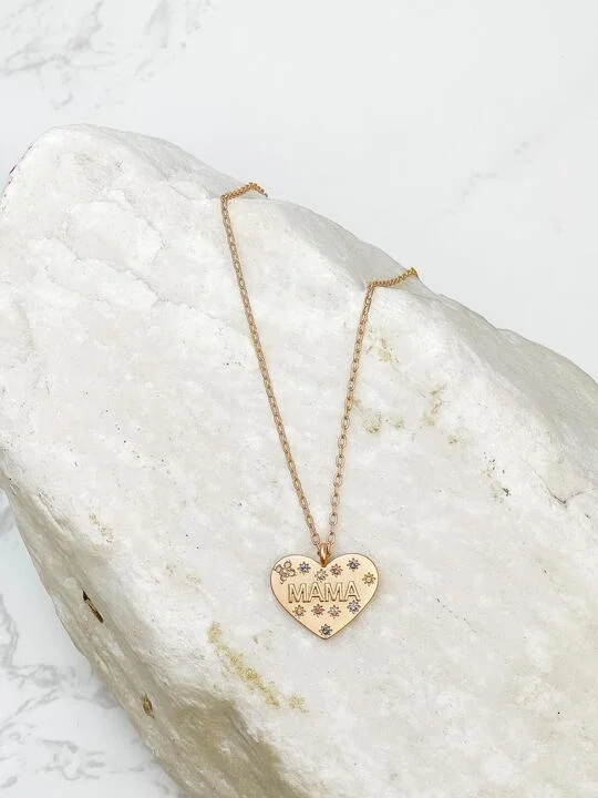 women layered gold necklaces -'Mama' Gold Rhinestone Heart Necklace