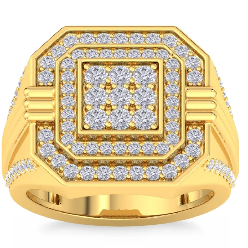 contemporary engagement rings -1 3/4Ct Men's Diamond Square Multi-Diamond Double Octagon Frame Ring Yellow Gold