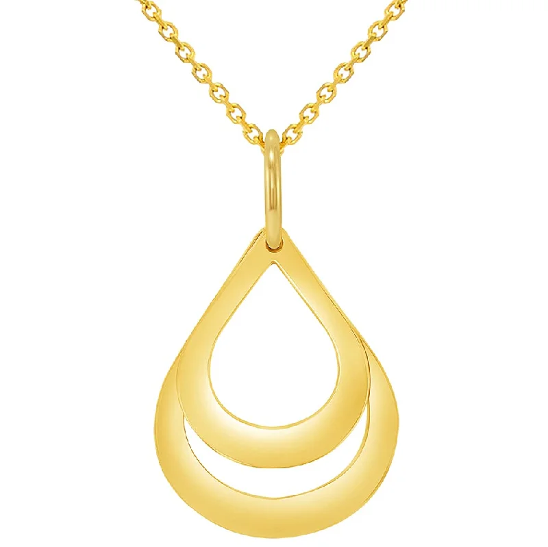 women minimalist necklaces -Solid 14k Yellow Gold Engravable Two Teardrop Name Drop Shaped Personalized Pendant with Rolo Cable, Curb Cuban, or Figaro Chain Necklace