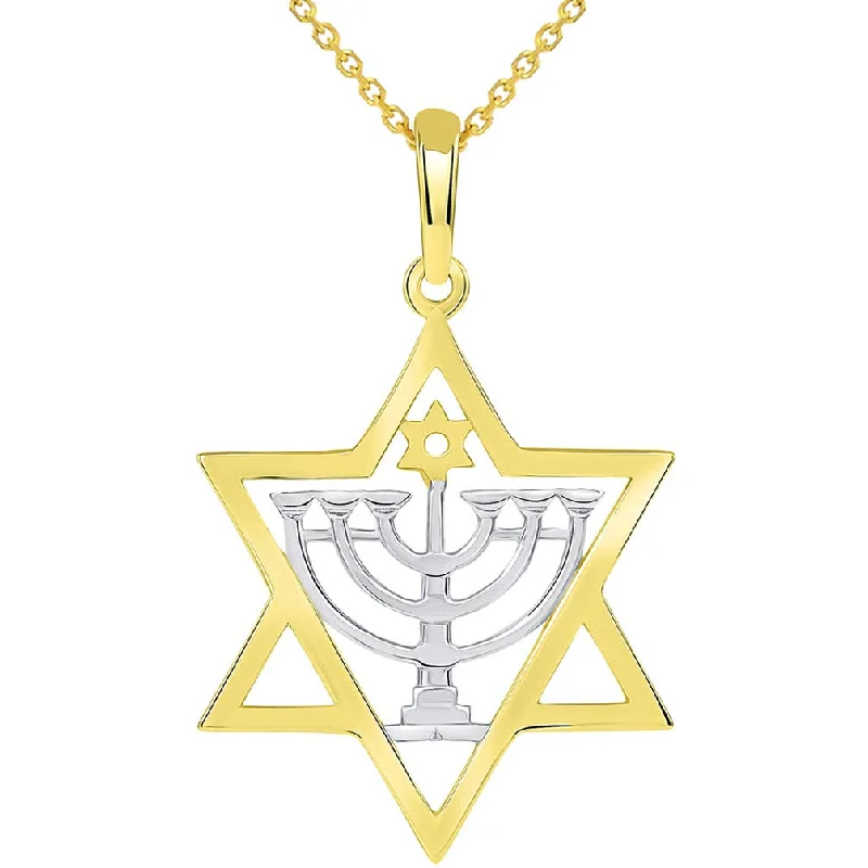 women pearl necklaces -Solid 14k Yellow Gold Jewish David with Menorah Pendant Necklace