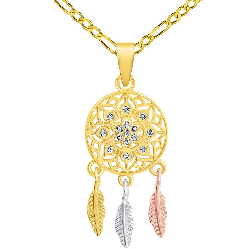 women art nouveau necklaces -14k Yellow Gold  Native American Tri-Tone Dreamcatcher Pendant with Figaro Chain Necklace