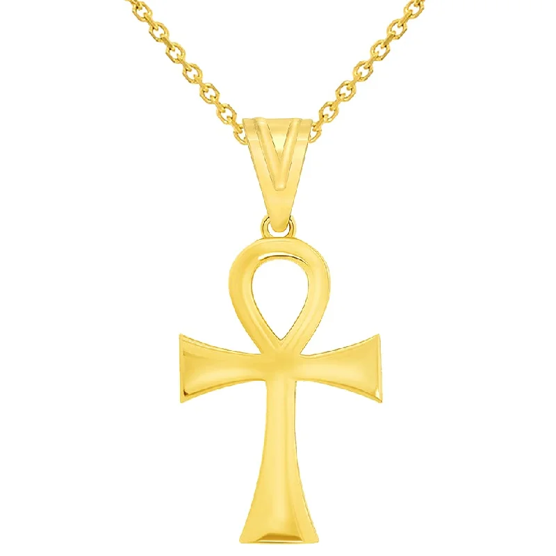 women luxury diamond necklaces -Polished 14k Yellow Gold 1 inch Height Classic Egyptian Ankh Cross Pendant with Rolo Cable, Cuban Curb, or Figaro Chain Necklaces