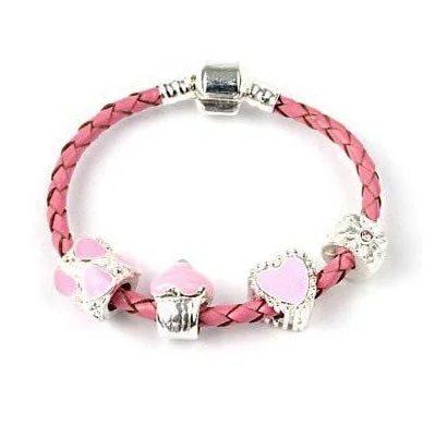 Children's 'Love and Kisses' Silver Plated Pink Leather Charm Bead Bracelet