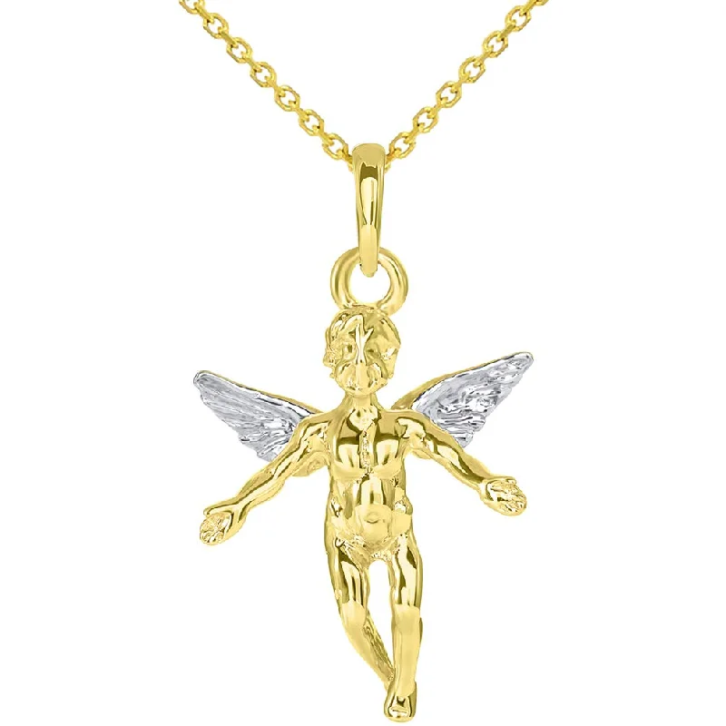 women birthstone pendant necklaces -14k Solid Yellow Gold 3D Cherub Angel Pendant Available with Rolo, Curb, or Figaro Chain Necklaces