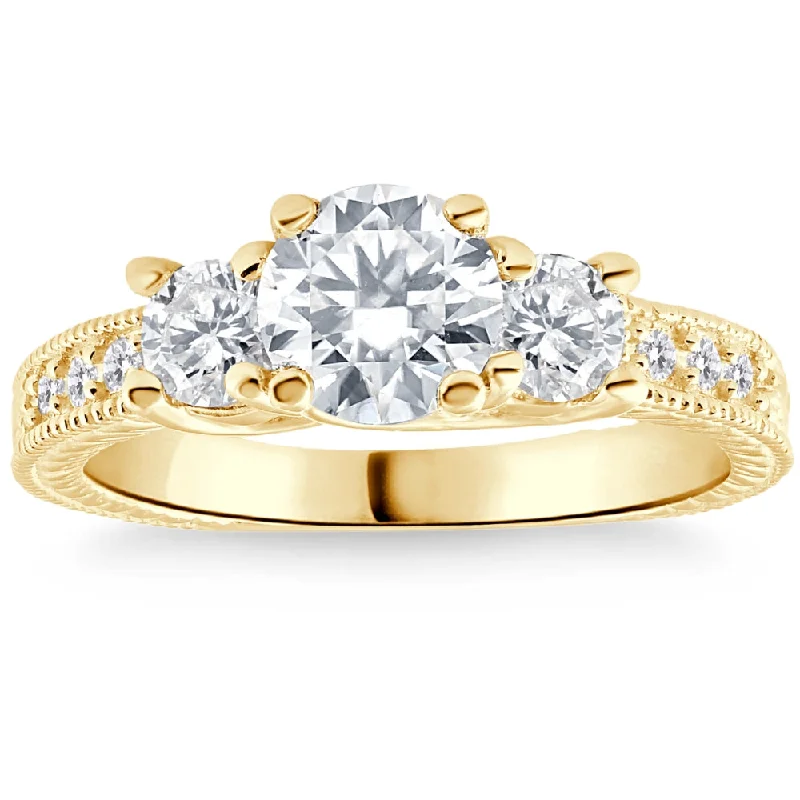 diamond wedding engagement rings -1.80Ct Three Stone Diamond Engagement Ring Vintage Accents 14k Yellow Gold