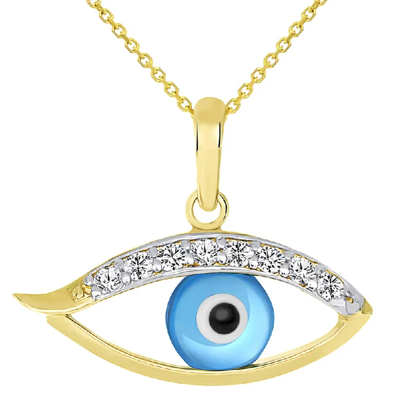 women layered necklaces -14k Yellow Gold Dainty Open CZ Blue Evil Eye Charm Pendant Necklace