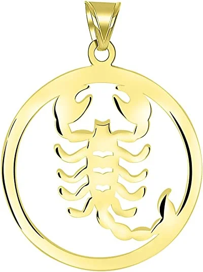 women artistic pendant necklaces -Solid 14k Yellow Gold Round Scorpio Zodiac Symbol Cut-Out Scorpion Pendant