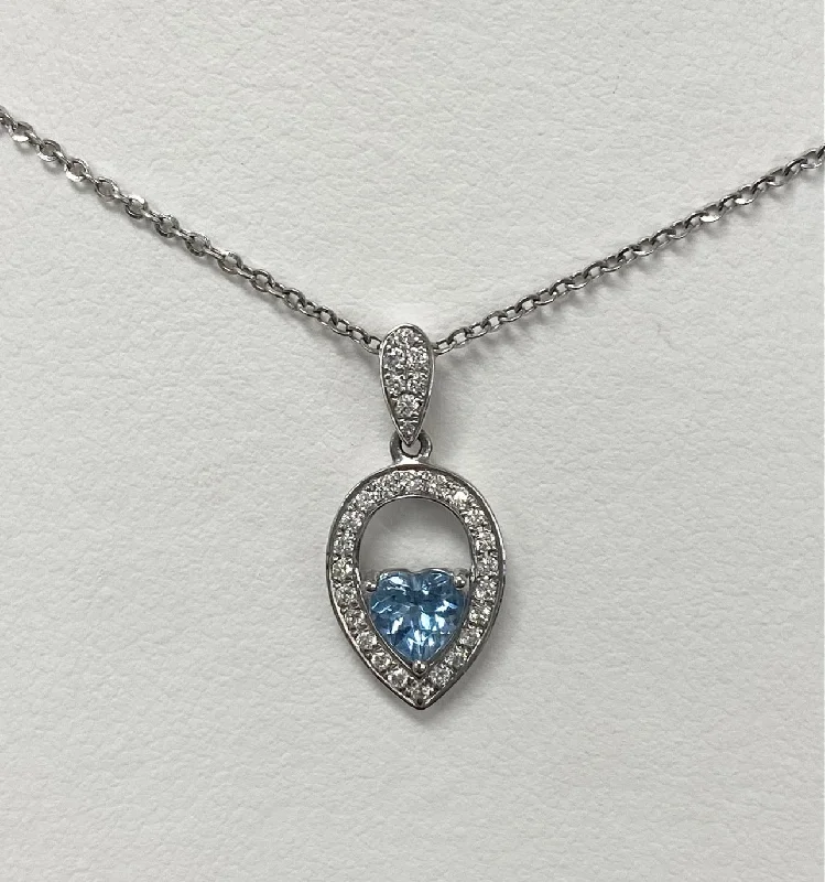 women initial necklaces -14kt White Gold Heart Shaped Aquamarine and Diamond Pendant