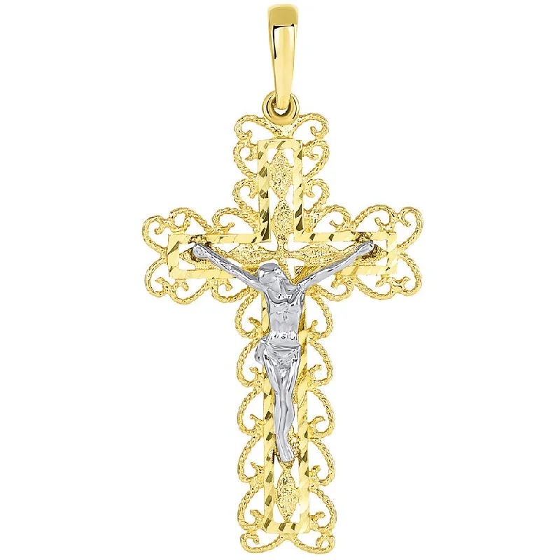 women gemstone necklaces -14k Two Tone Gold Fancy Religious Filigree Cross Jesus Crucifix Pendant