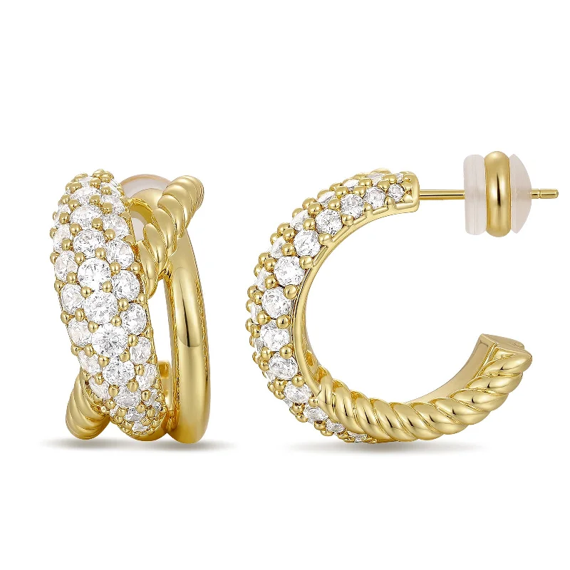 women pearl drop earrings -14K Gold Plated Cubic Zirconia Triple Open Hoops C Shape Wrap Earrings