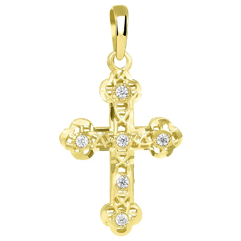 women luxury gold necklaces -Textured 14K Yellow Gold Filigree Eastern Orthodox CZ Cross Charm Pendant