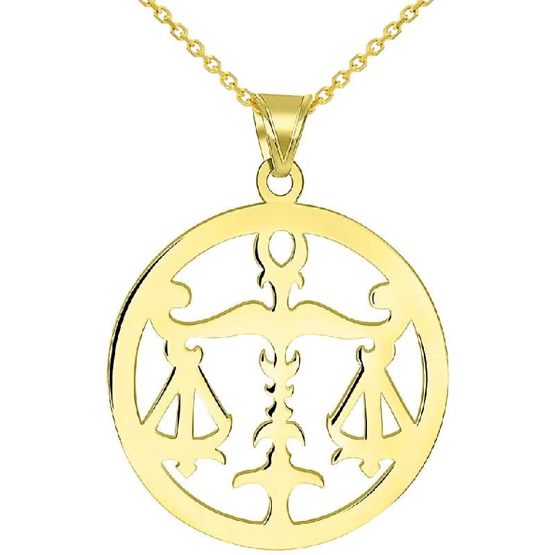 women pendant necklaces -Solid 14k Yellow Gold Round Libra Zodiac Sign Scale Disc Pendant Necklace