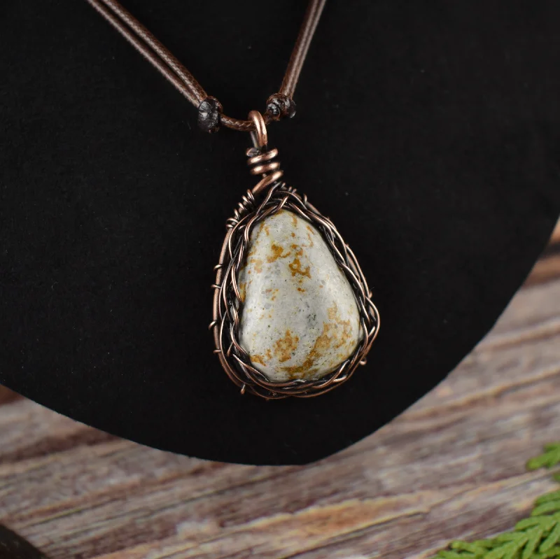 women long necklaces -Yellow and White Jasper Copper Pendant Necklace