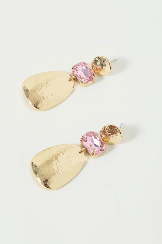 women boho earrings -Pink Crystal Drop Gold Earrings